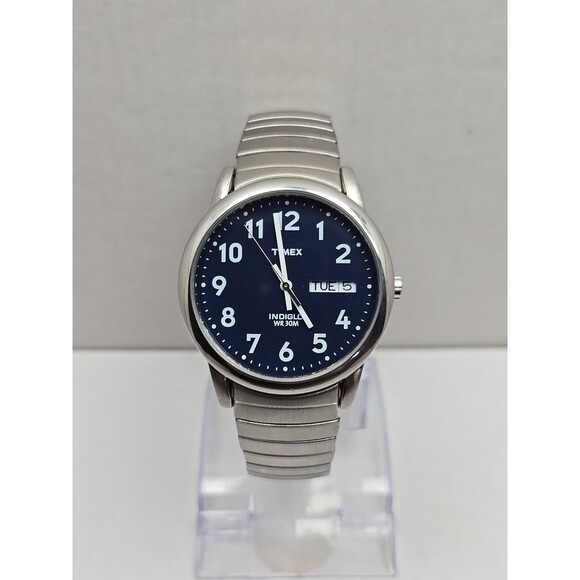 Timex Easy Reader Day Date Indiglo Blue Dial 35 mm Stretch SS New Battery CR2016 - Picture 1 of 11
